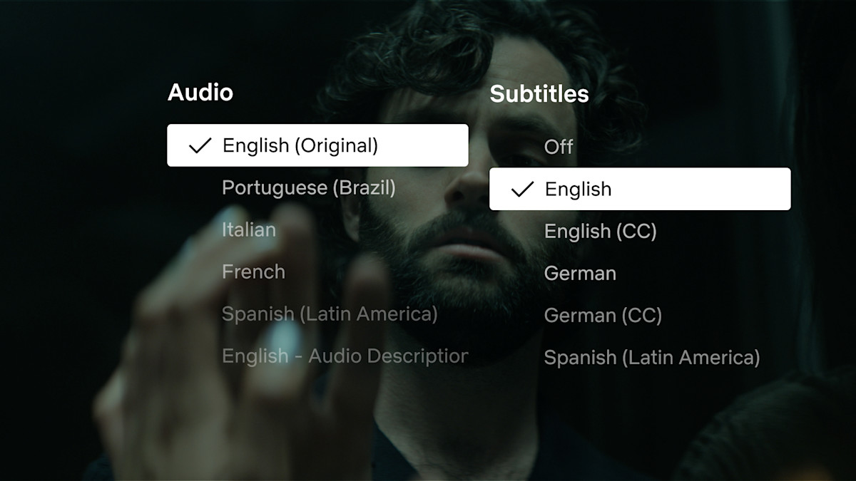 A screenshot of the updated Netflix subtitles menu overlaid on a video. The English option has two choices now: English, and English (CC). 